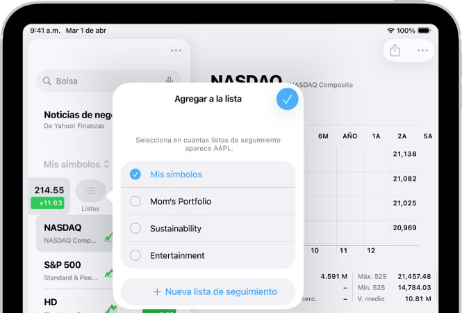 Una lista de listas de seguimiento personalizadas en la app Bolsa: Mis símbolos, Portfolio de mamá, Sostenibilidad y Entretenimiento.