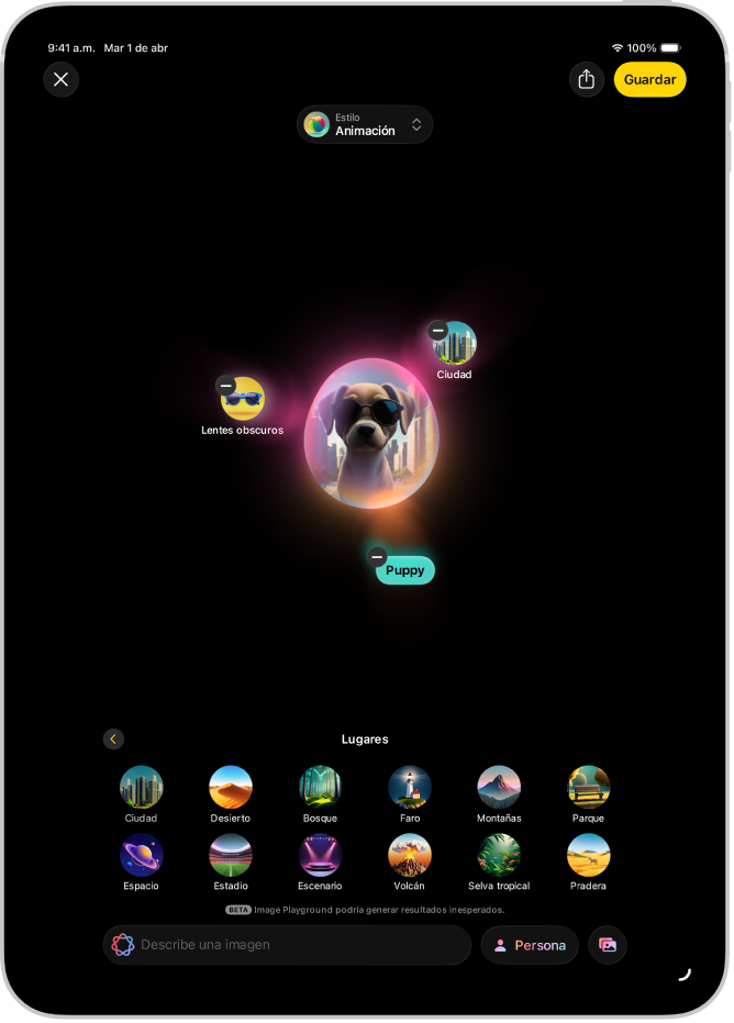 La ventana de la app Image Playground mostrando una imagen creada de un perro con lentes de sol.