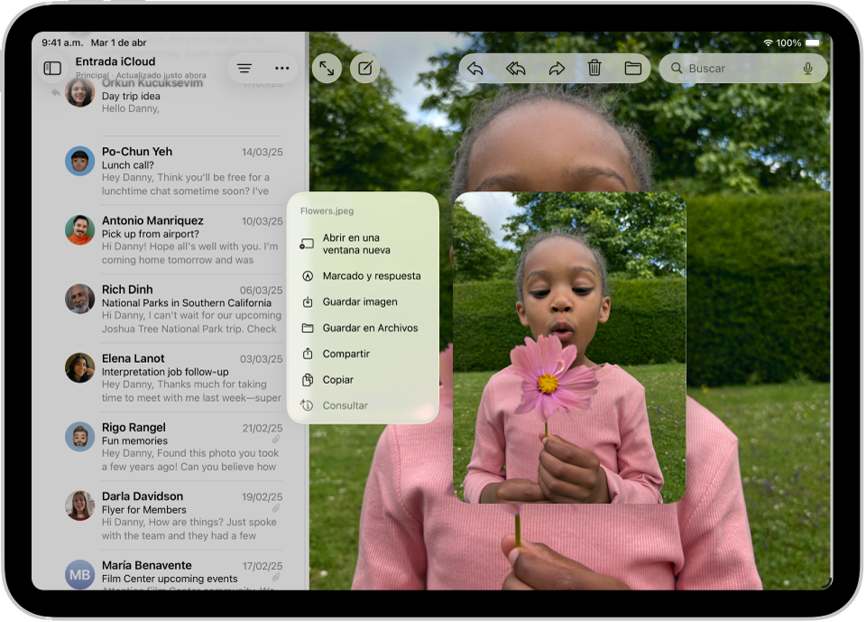 Hay un archivo adjunto seleccionado con una lista de posibles acciones.