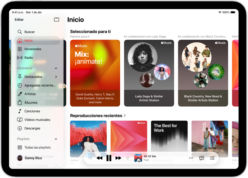 La pestaña Inicio de la app Música con la barra lateral a la izquierda y la sección Inicio a la derecha. La pestaña Inicio mostrando lo más popular en la parte superior. La música reproducida recientemente aparece debajo, con las portadas de cuatro álbumes. El mini reproductor se muestra abajo.