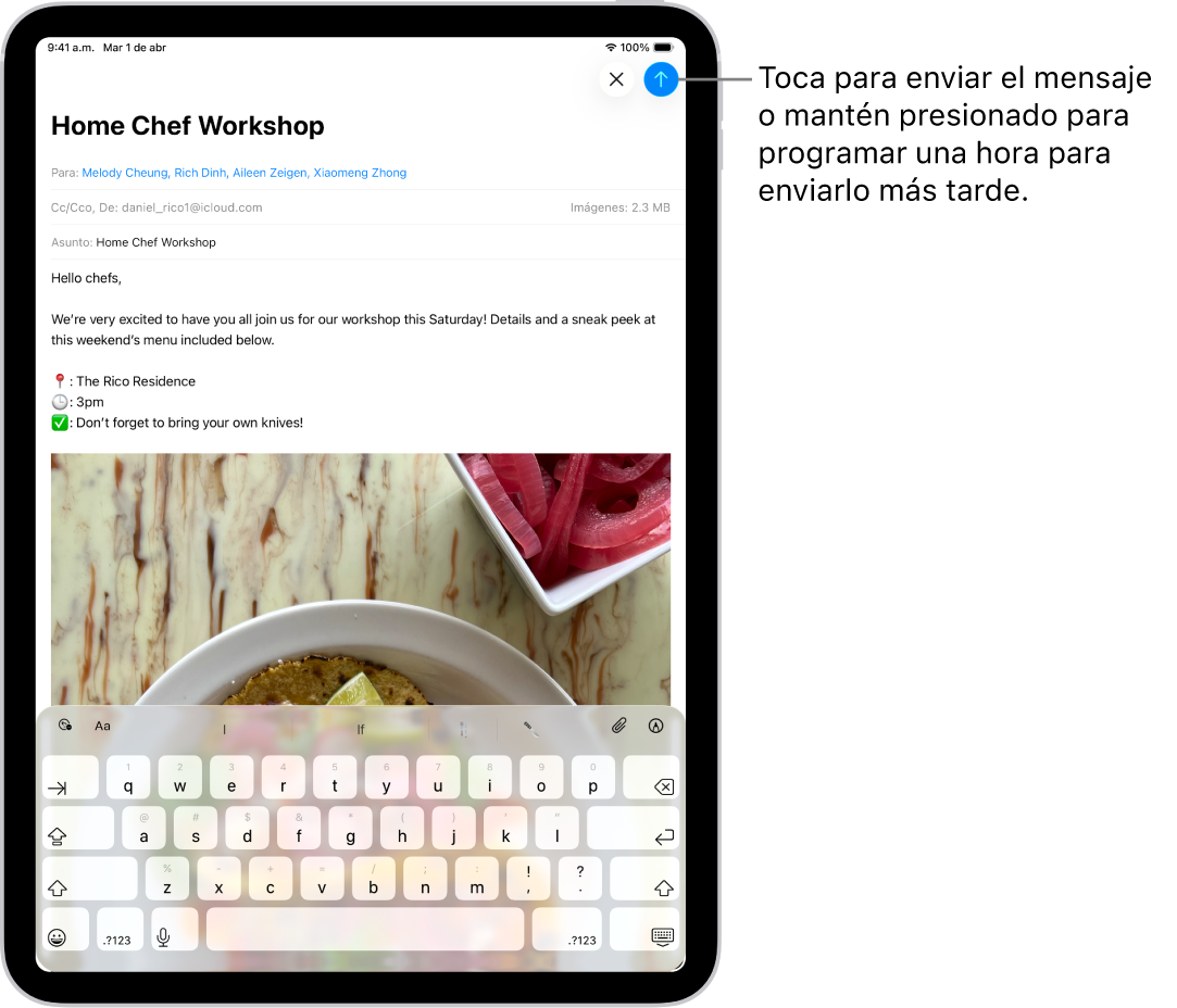 Borrador de correo electrónico abierto en la app Mail. El botón para enviar el mensaje se encuentra en la esquina superior derecha. Toca para enviar el mensaje, o mantén presionado para programar una hora para enviarlo más tarde.
