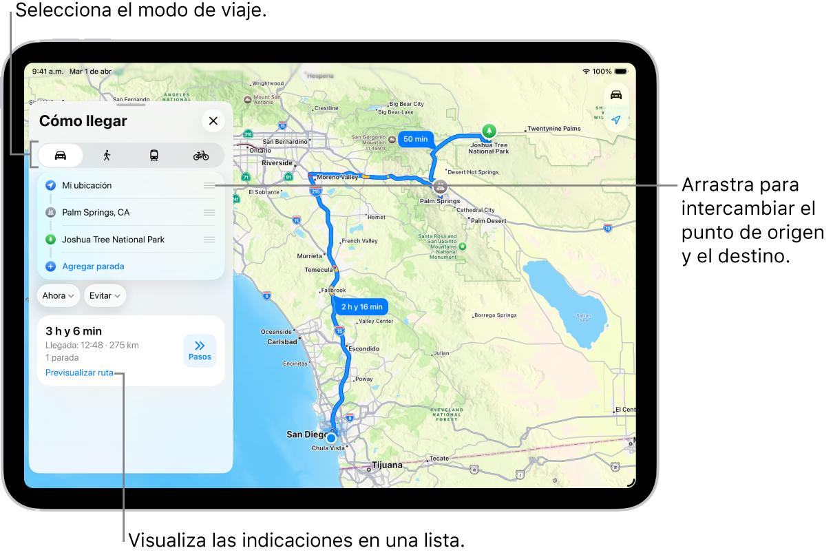 Un mapa con varias rutas posibles en auto entre la ubicación actual y el destino.