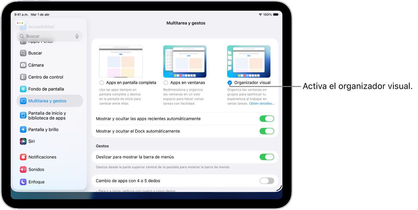 La app Configuración del iPad mostrando las opciones de multitarea y gestos que se pueden elegir para trabajar con varias apps.