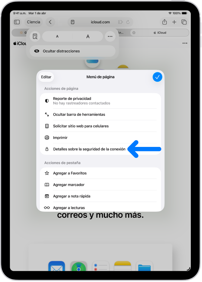 El menú Página está abierto en Safari, con el control Detalles sobre la seguridad de la conexión a la mitad de la página.