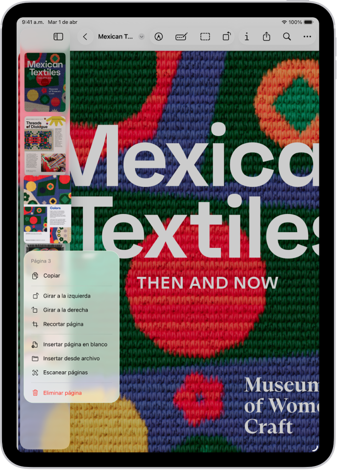 Vista de miniaturas de un PDF con las opciones de página visibles.