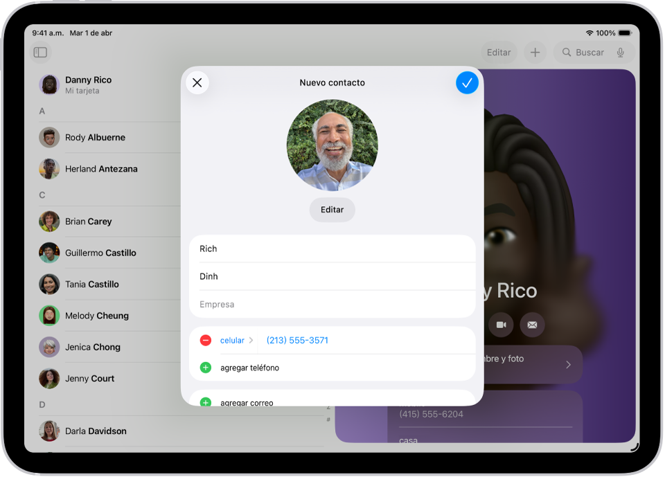 La ventana Nuevo contacto en la app Contactos.