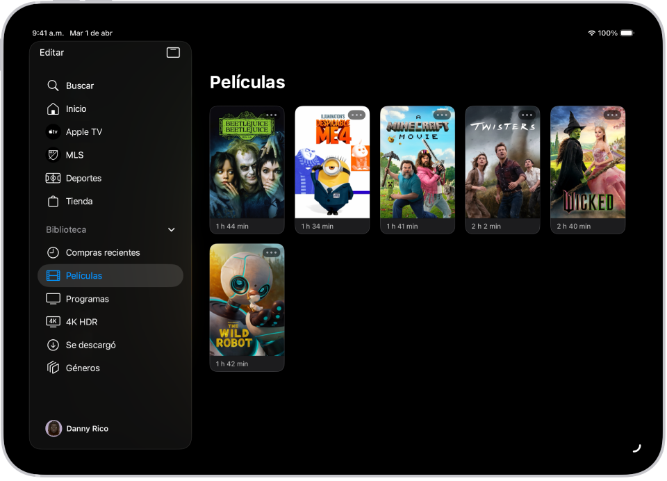 Un iPad mostrando una lista de películas en la sección Películas de la pestaña Biblioteca.
