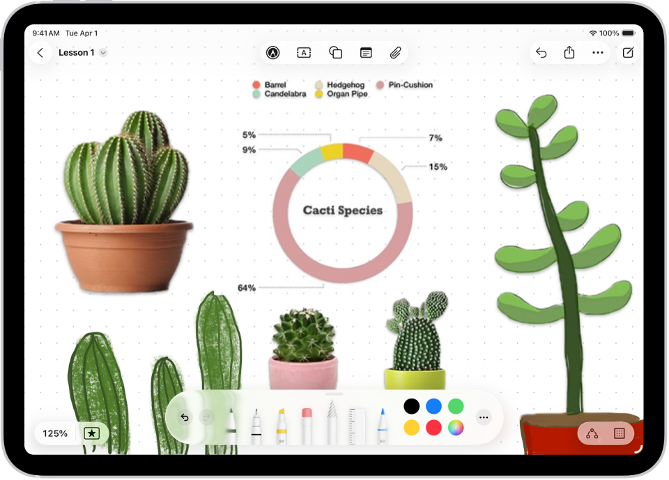 Pizarra de Freeform con dibujos de plantas y las herramientas de dibujo en la parte inferior.