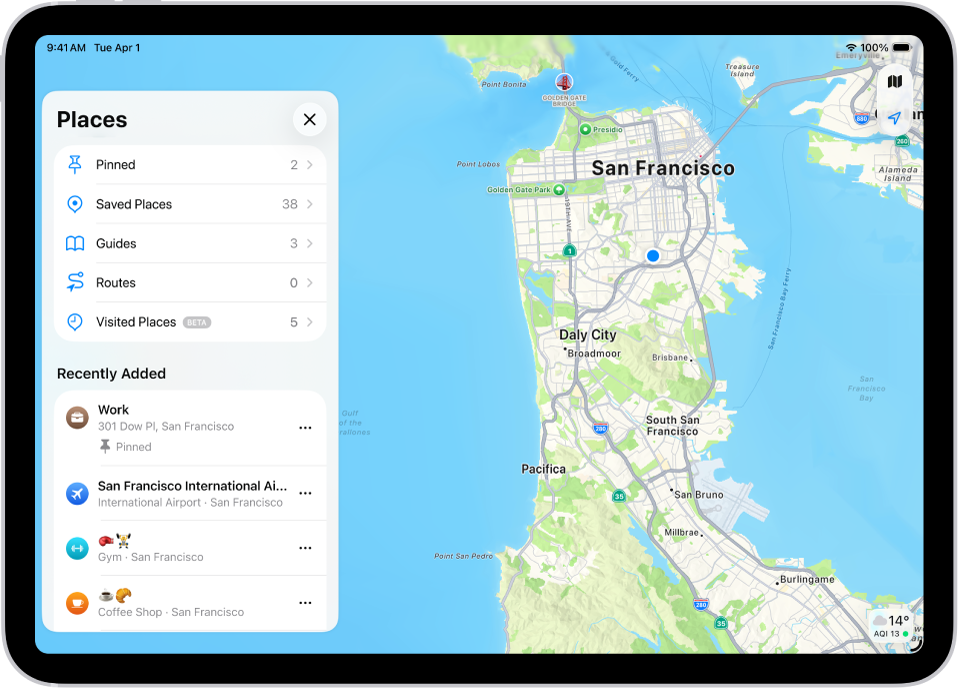 Pantalla Sitios en la app Mapas con una lista de categorías de sitios, como “Sitios fijados”, “Sitios guardados” y Guías. Debajo, la sección “Añadidos recientemente” muestra las ubicaciones vistas.