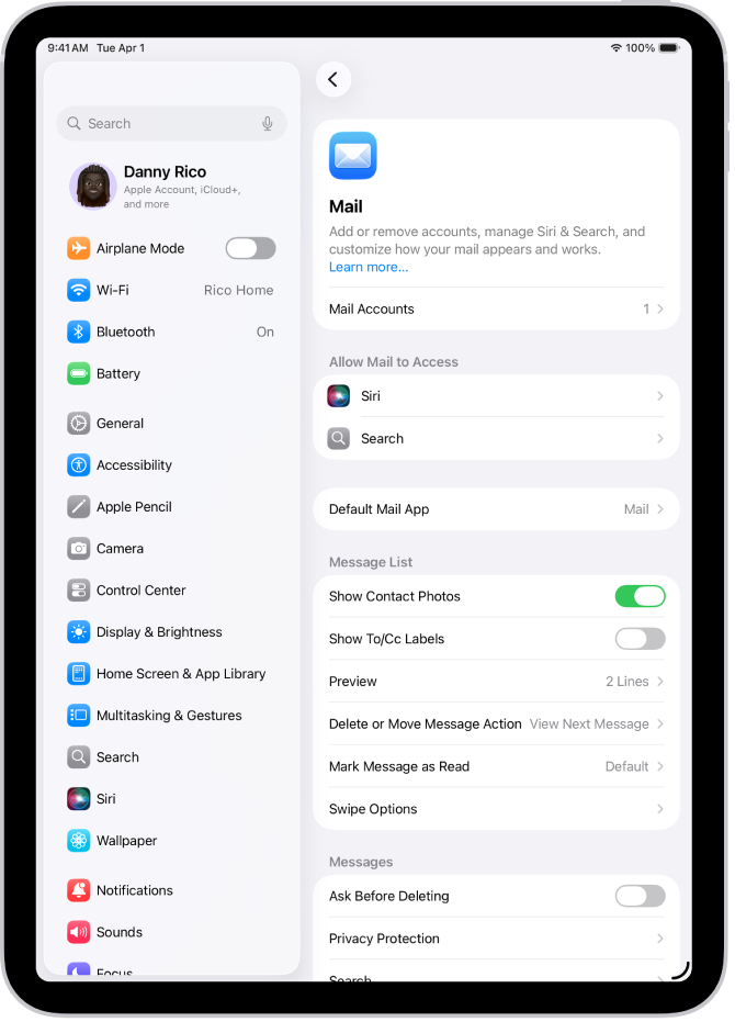 Pantalla de ajustes de la app Mail.
