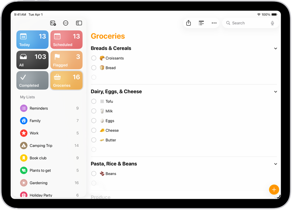 La app Recordatorios con una lista de la compra con ítems ordenados por categorías como “Pan y cereales” y Lácteos.