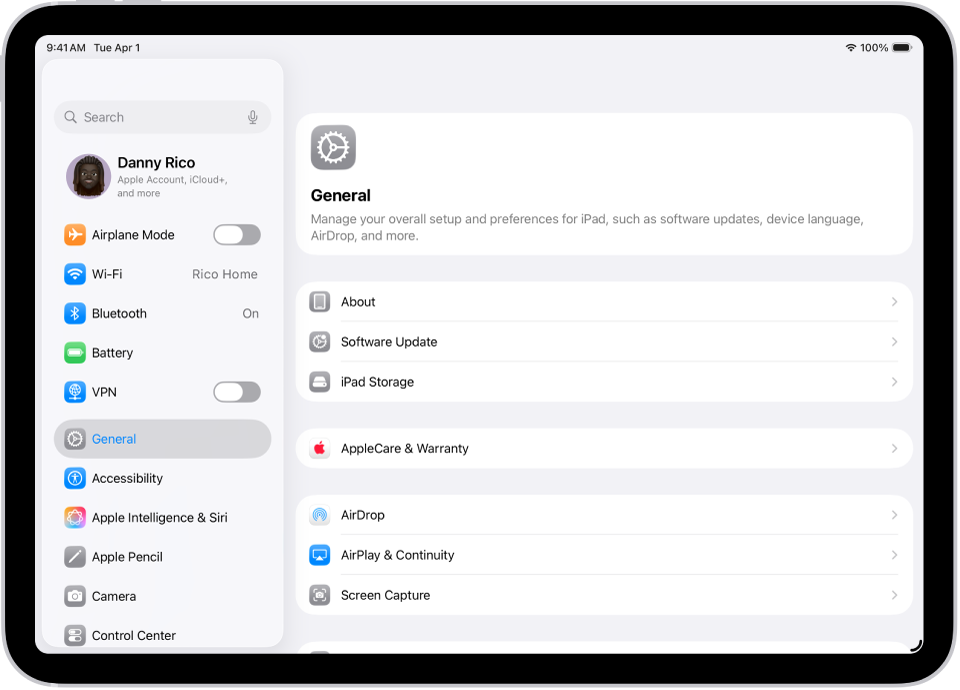 Pantalla de inicio del iPad con varios iconos de las apps, entre ellos el icono de la app Ajustes, que puedes tocar para modificar el volumen o el brillo de la pantalla del iPad, entre otros ajustes.