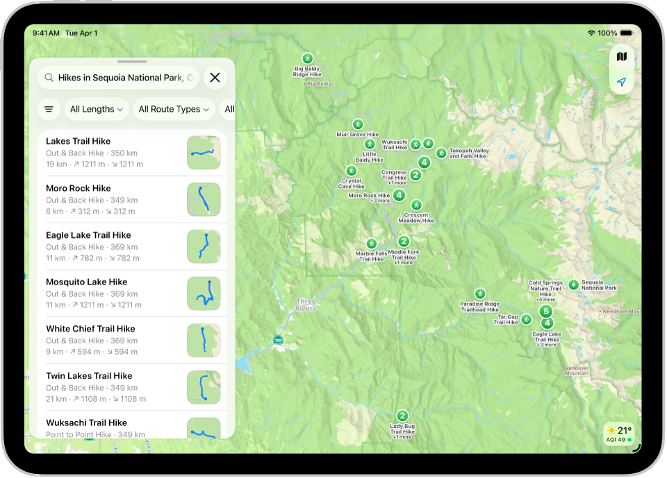 App Mapas con los resultados de una búsqueda de rutas de senderismo de un parque nacional.
