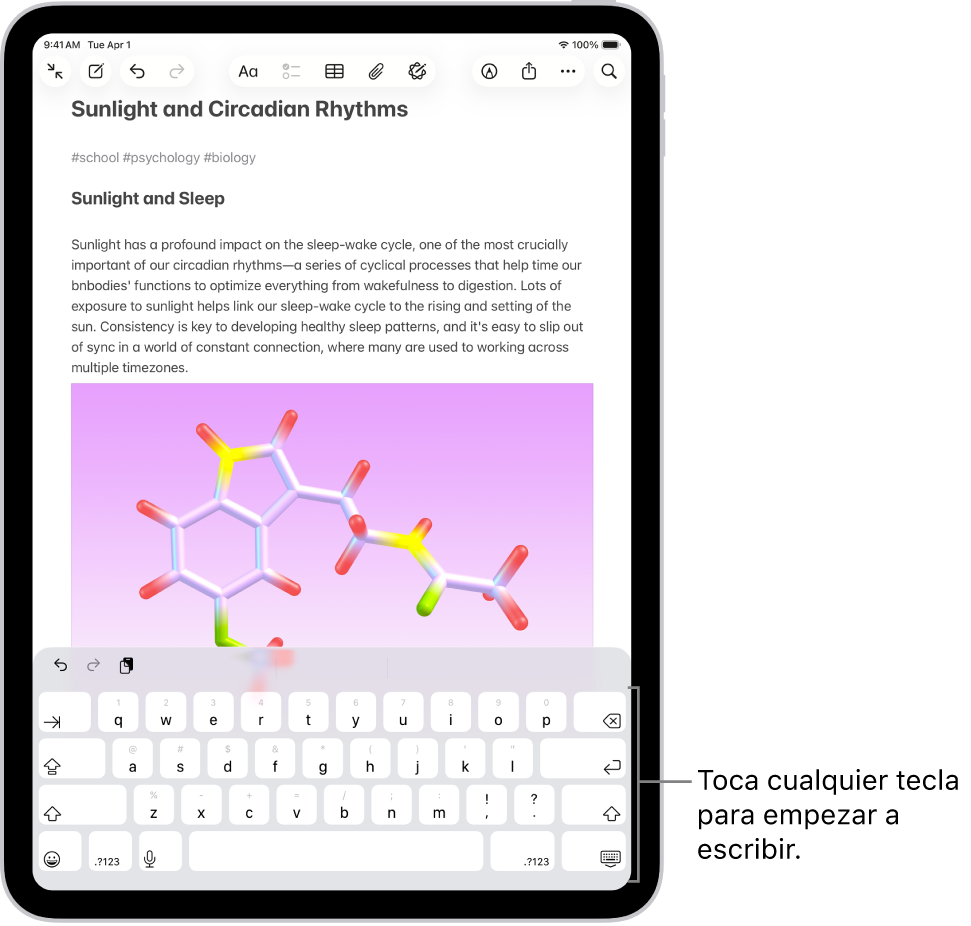Documento abierto en la app Notas. El teclado en pantalla está en la mitad inferior de la pantalla.