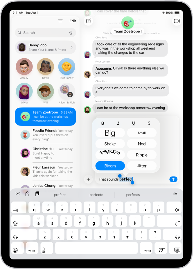 Conversación de la app Mensajes con una palabra seleccionada en el campo de texto; encima se muestran opciones de formato y efectos. El texto seleccionado aparece con una previsualización del efecto.