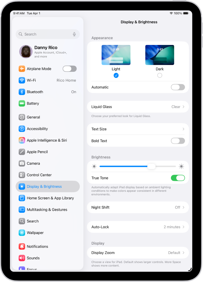 Rakenduse Settings kuva Display and Brightness.