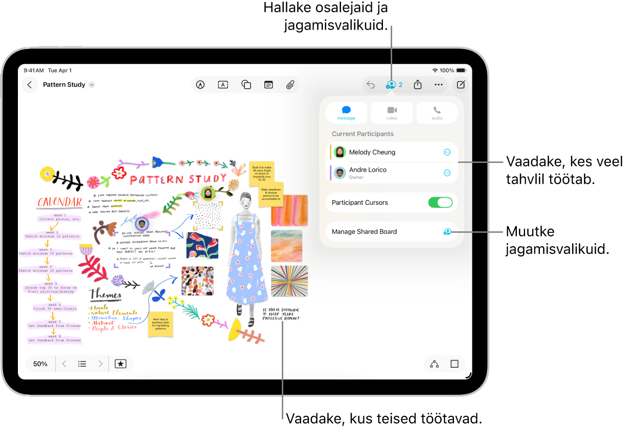 iPadis on jagatud Freeformi tahvel, kus on avatud koostöömenüü ning teiste osalejate asukohad on tahvlil tähistatud värviliste linnukestega.