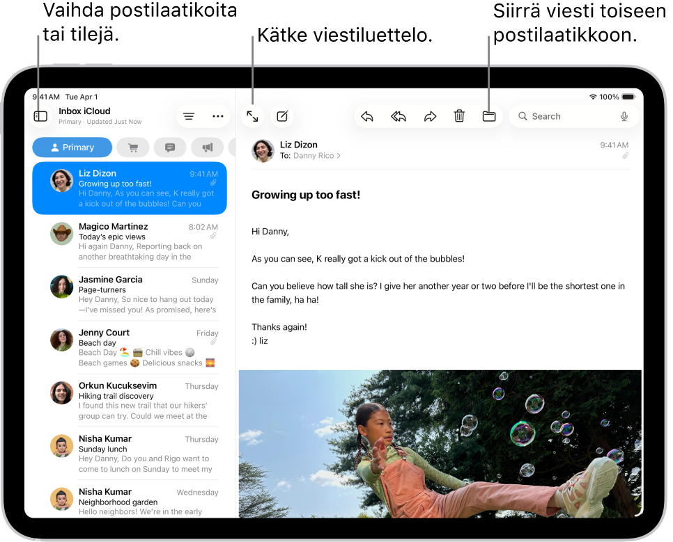Mail-apin Saapuneet-kansio, jossa on vasemmalla sähköpostiviestien luettelo ja oikealla avoin sähköpostiviesti.