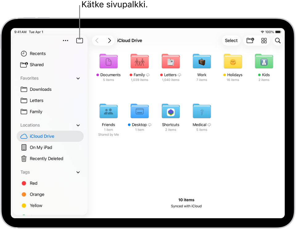 Tiedostot-appi, jossa näkyvät iCloud Drivessä olevat tiedostot ja kansiot. Näytön yläreunassa on painikkeet kohteiden valitsemiselle, uuden kansion luomiselle, näkymän muuttamiselle (Luettelo, Kuvakkeet, Sarakkeet) ja hakutoiminnolle.