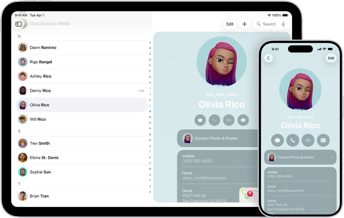 Yhteystietoluettelo iPadissa ja yhteystietokortti iPhonessa.