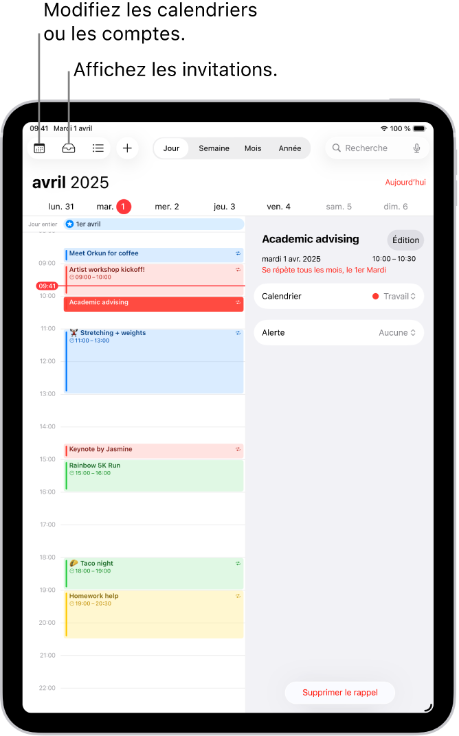 Un calendrier en présentation Jour. Les boutons en haut au centre permettent de modifier la présentation (Jour, Semaine, Mois ou Année). Le bouton Calendriers se trouve en haut à gauche de l’écran et le bouton Notifications vers le coin supérieur gauche.