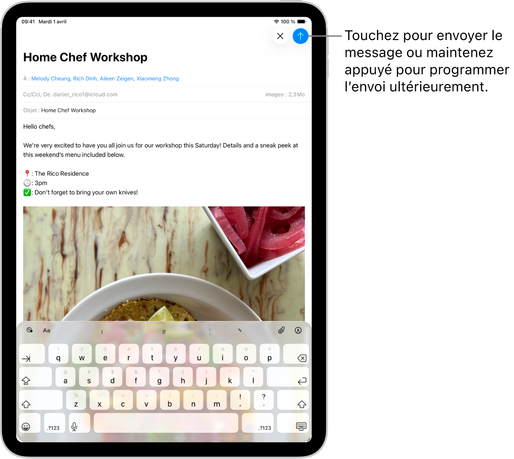 Un brouillon d’e-mail est ouvert dans l’app Mail. Le bouton permettant d’envoyer le message se trouve dans le coin supérieur droit. Touchez pour envoyer le message ou maintenez le doigt pour programmer l’envoi à une date ultérieure.