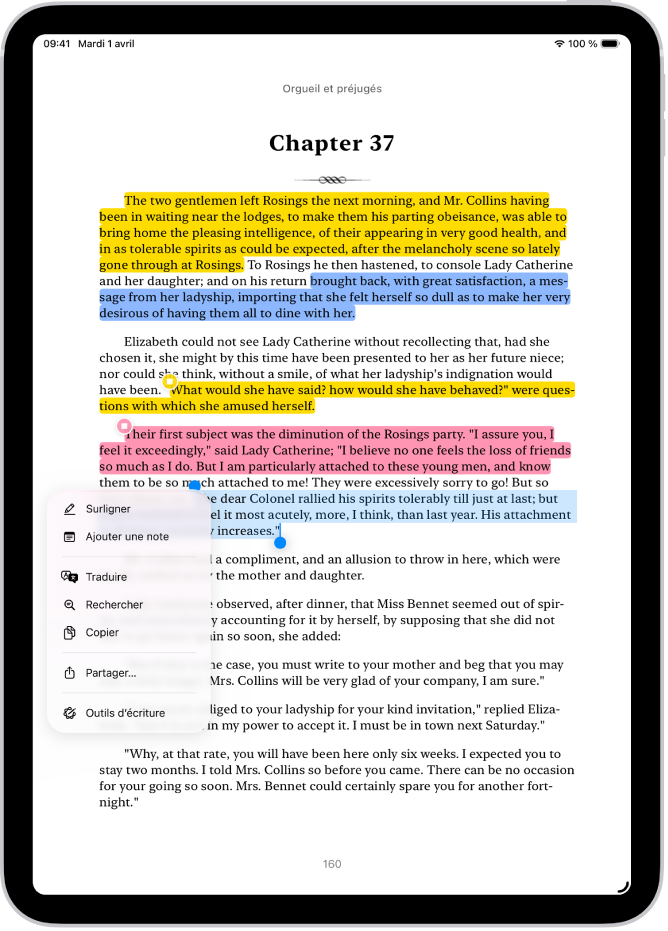 Une page d’un livre dans l’app Livres. Une partie du texte de la page est sélectionnée. Les boutons Surligner, Ajouter une note, Traduire, Rechercher, Copier et Partager se trouvent au-dessus du texte sélectionné.