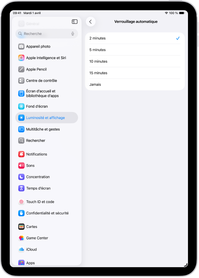 L’écran de verrouillage automatique, avec les réglages de la durée avant laquelle l’iPad se verrouille automatiquement.
