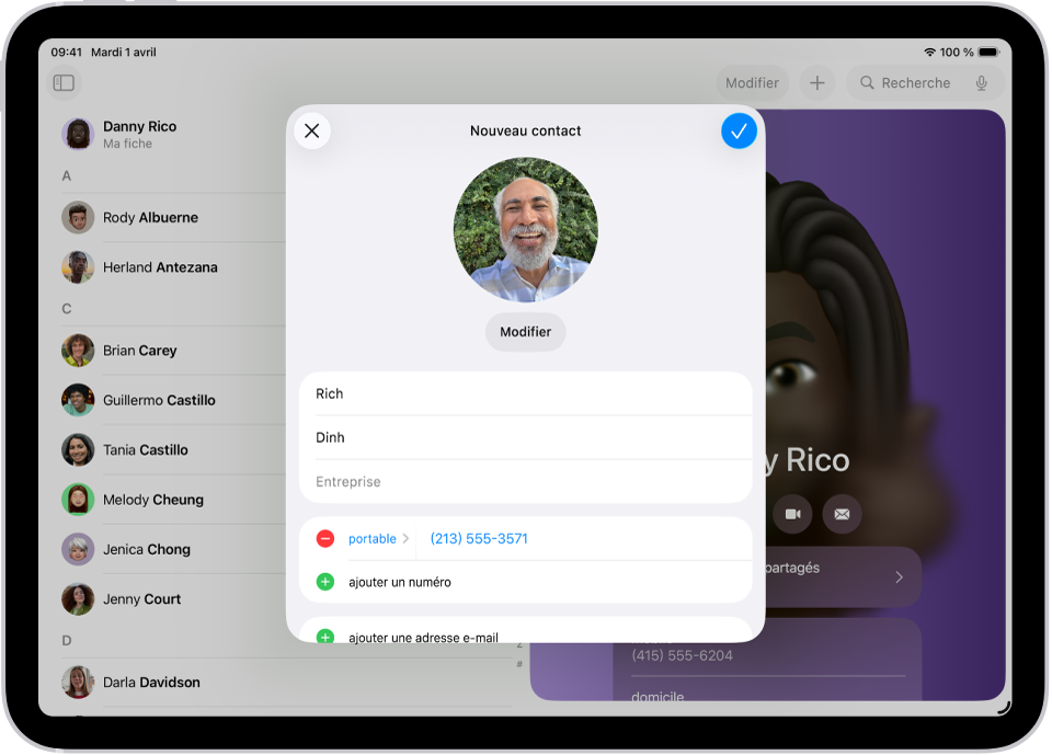 La fenêtre « Nouveau contact » dans l’app Contacts.