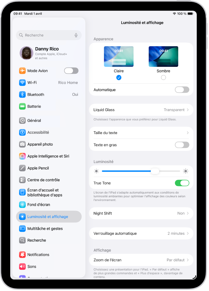 L’écran Luminosité et affichage dans Réglages.