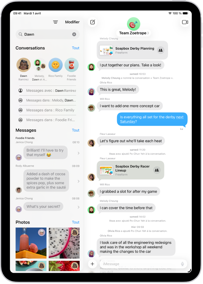 Le champ de recherche dans l’app Messages s’affiche en haut de l’écran. Le champ de recherche contient le nom d’une personne et plusieurs options correspondant à la recherche s’affichent en dessous.