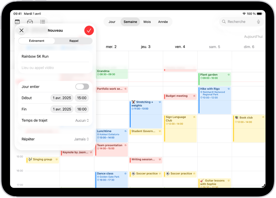 Un calendrier dans la présentation Semaine, avec la fenêtre de création d’évènement.