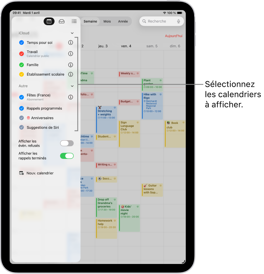 La liste Calendriers indique d’une coche les calendriers actifs. Le bouton OK pour fermer la liste se trouve dans le coin supérieur droit. Le bouton Ajouter un calendrier se trouve dans le coin inférieur gauche.