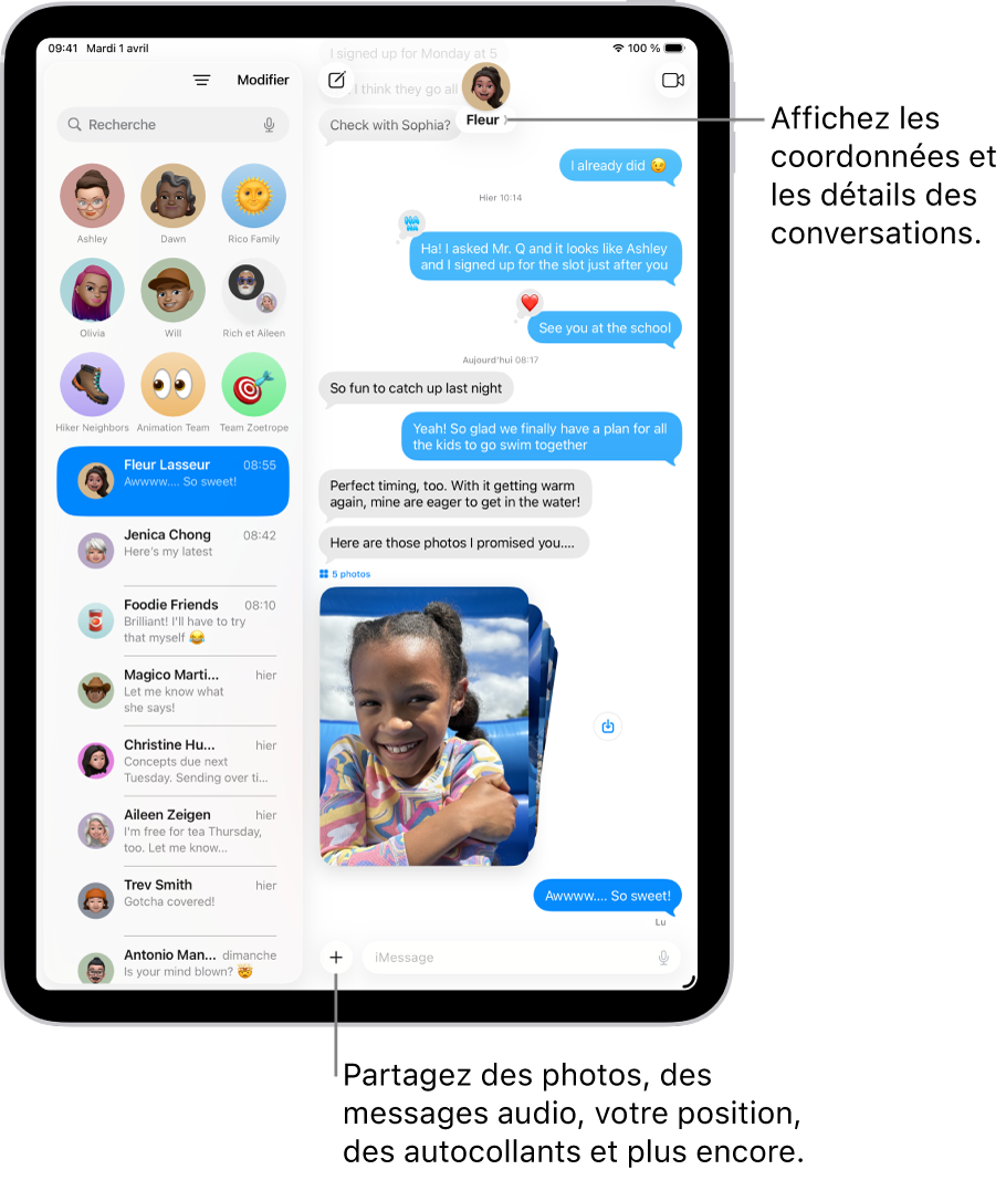 Une liste de conversations Messages sur la gauche et une transcription de conversation sur la droite. En haut, le fait de toucher l’icône d’un contact permet d’ouvrir les détails de sa conversation.
