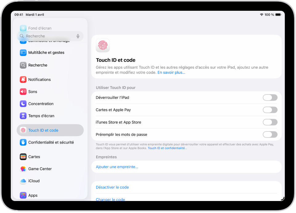 Écran affichant les réglages de Touch ID et code, avec des options permettant d’ajouter une empreinte et d’activer le code.