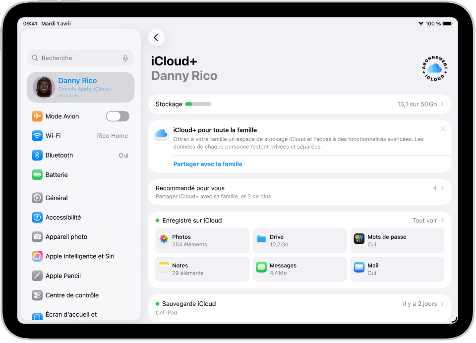 L’écran des réglages iCloud montrant l’indicateur d’espace de stockage d’iCloud et une liste d’apps et de fonctionnalités pouvant être utilisées avec iCloud, notamment Photos, iCloud Drive et Mail iCloud.