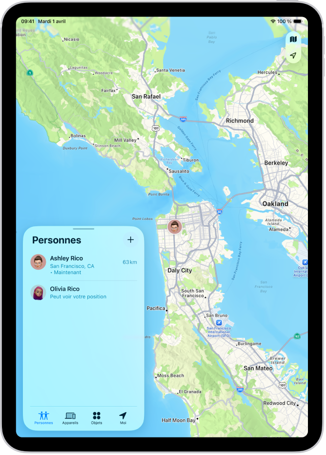 L’écran Localiser ouvert sur la liste Personnes. La liste comprend quatre personnes : Ashley Rico, Olivia Rico, Dawn Ramirez, and Will Rico. Leur position est affichée sur un plan de San Francisco.