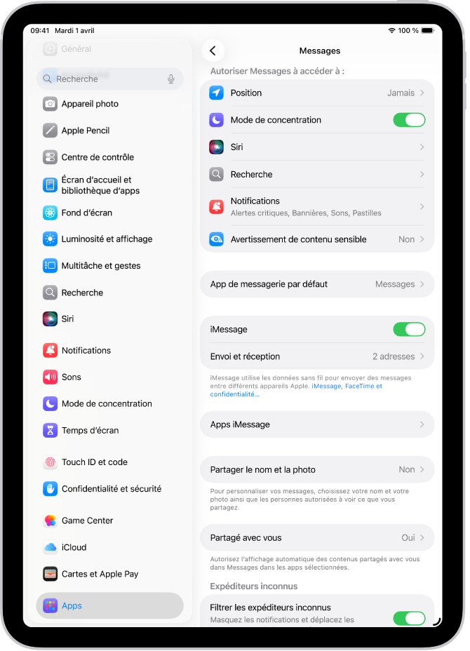 La sous-fenêtre des réglages Messages avec iMessage activé.
