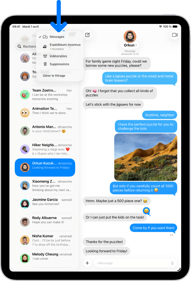 Une liste de conversations dans Messages. Tous les messages sont affichés, car aucun filtre n’est sélectionné dans le menu Filtrer.