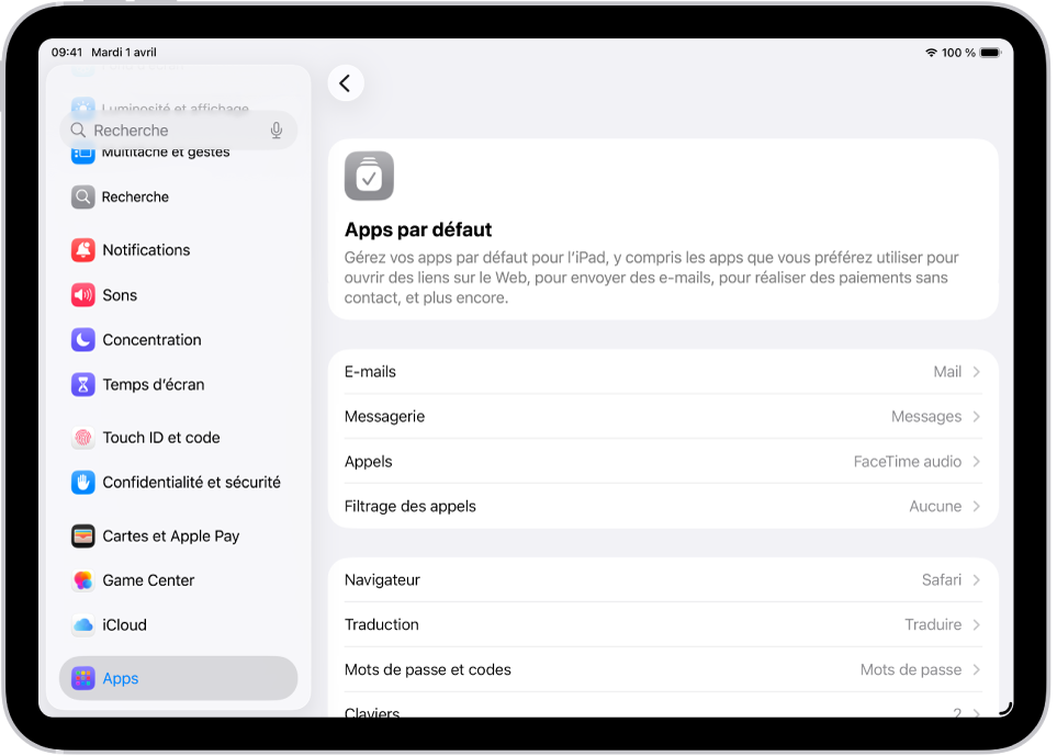 L’écran permettant de modifier vos apps par défaut pour envoyer des e-mails, surfer sur le Web et plus encore.