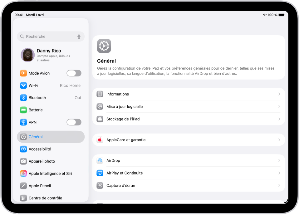 L’écran d’accueil de l’iPad avec plusieurs icônes d’app, notamment l’icône de l’app Réglages, que vous pouvez toucher pour modifier le volume, la luminosité de l’écran et d’autres réglages de votre iPad.
