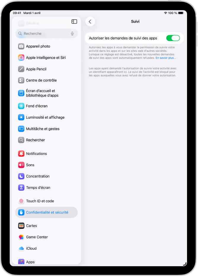 L’écran Suivi, avec un réglage permettant de contrôler les apps pouvant demander à faire un suivi de l’utilisateur sur des sites Web ou dans des apps appartenant à d’autres entreprises.