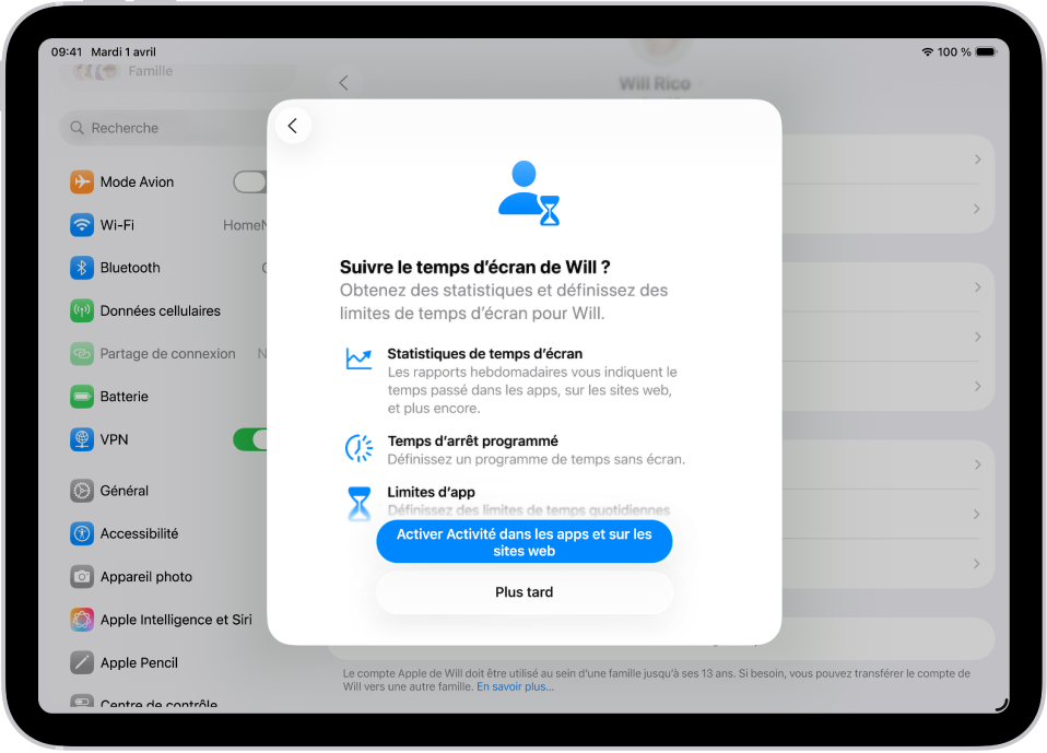 Un écran Réglages avec une fenêtre surgissante affichant la configuration de Temps d’écran.