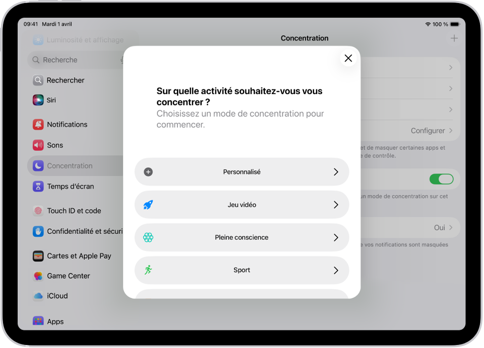 Un écran de configuration de Concentration pour les modes de concentration supplémentaires fournis, notamment Personnalisé, Sport, Jeu vidéo, Pleine conscience et Lecture.