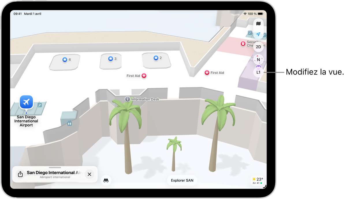 Plan intérieur d’un terminal d’aéroport. Le plan montre une porte, des toilettes, un poste de contrôle de sécurité et les premiers secours. Sur les plans comportant plusieurs étages, le bouton N2 (pour Niveau 2) permet de basculer entre les différents plans d’étage.