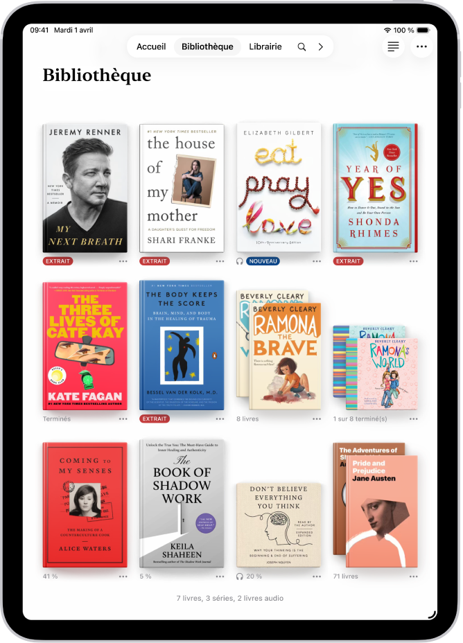 L’écran Bibliothèque dans l’app Livres.