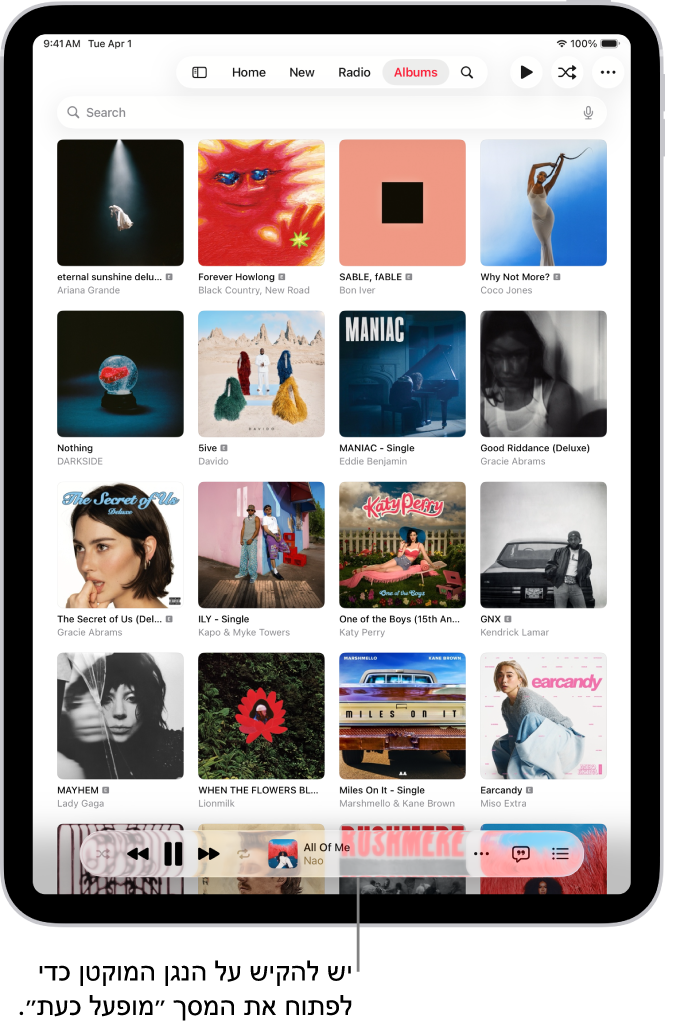 הכרטיסייה   אלבומים״ מראה את ״הנגן המוקטן״ ליד החלק התחתון. הנגן המוקטן מציג את שן השיר שמפעל כרגע.