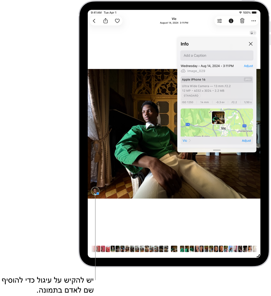 מסך ה‑iPad מופיע עם תמונה פתוחה ביישום ״תמונות״. בפינה הימנית התחתונה של התמונה מופיעה תמונה ממוזערת של האדם המופיעה בתמונה.