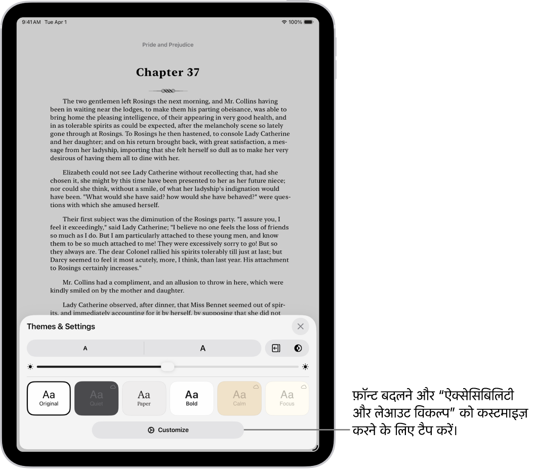 किताब ऐप में किसी किताब का पृष्ठ। फ़ॉन्ट आकार, स्क्रोलिंग दृश्य, पृष्ठ बदलने की शैली, ब्राइटनेस और फ़ॉन्ट शैलियों के लिए थीम और सेटिंग विकल्प कंट्रोल दिखाते हैं।