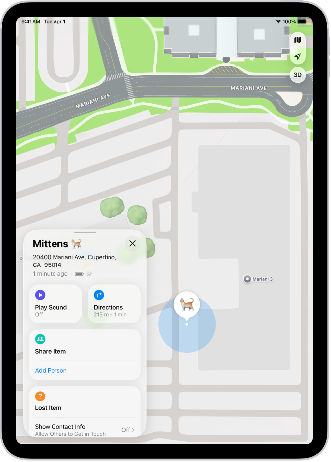 Find My स्क्रीन, जिसमें AirTags को अपना स्थान शेयर करते हुए दिखाया गया है।